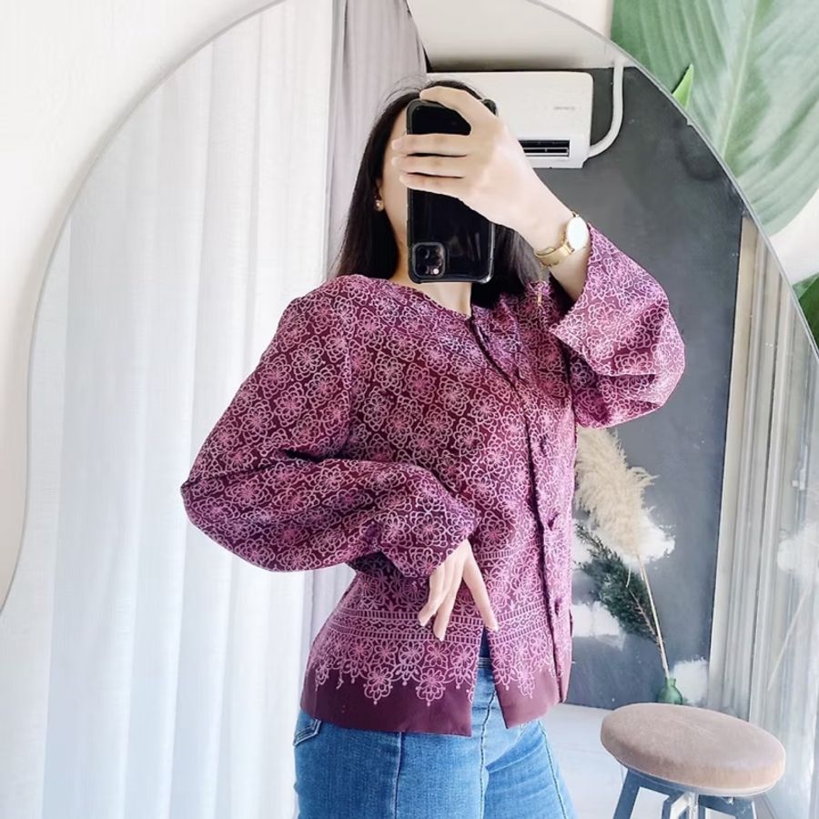 紫咖滿花圖騰前方排釦下開叉 古著紡紗襯衫上衣 vintage Shirt-5