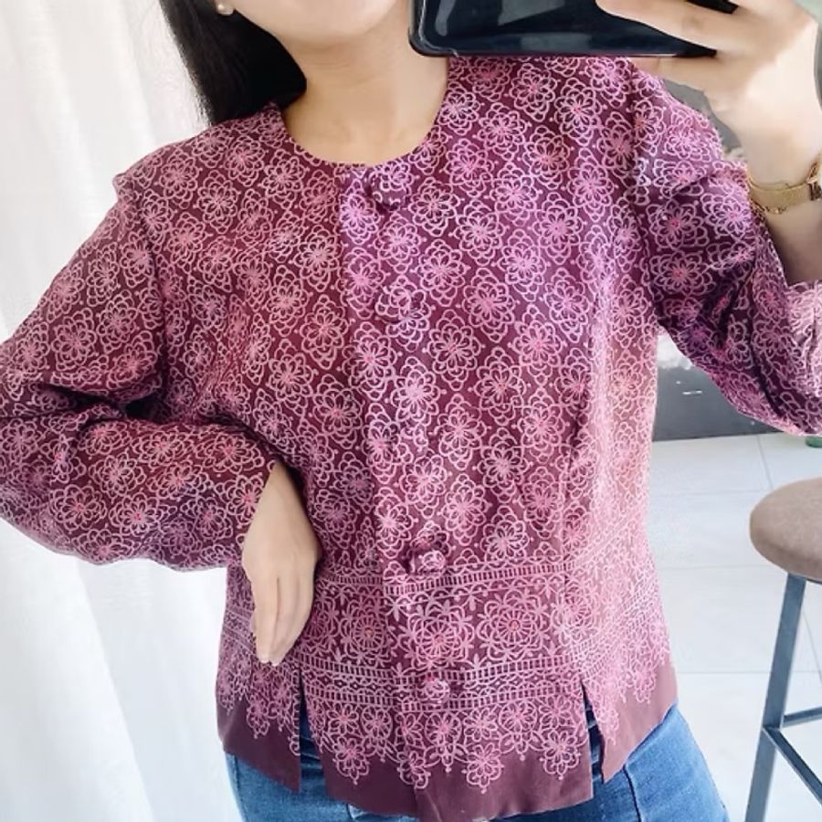 紫咖滿花圖騰前方排釦下開叉 古著紡紗襯衫上衣 vintage Shirt-7
