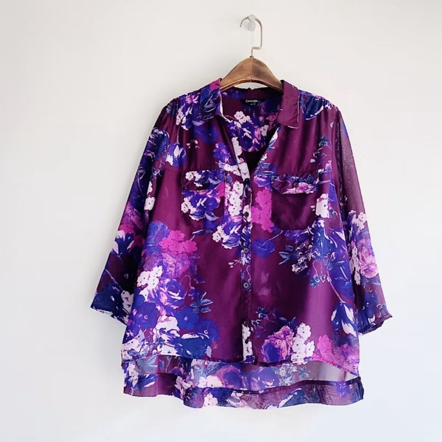 紫羅蘭青春浪漫滿滿透膚花卉 古著紡紗襯衫 It vintage Shirt-0
