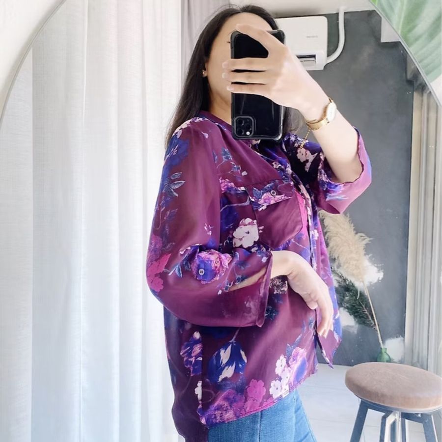 紫羅蘭青春浪漫滿滿透膚花卉 古著紡紗襯衫 It vintage Shirt-4