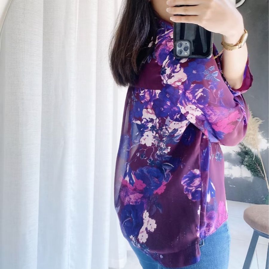紫羅蘭青春浪漫滿滿透膚花卉 古著紡紗襯衫 It vintage Shirt-5
