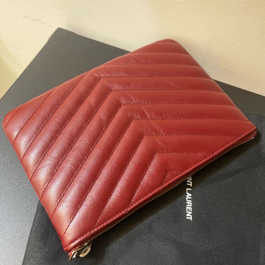 YSL 全新 酒紅色山形紋 一字拉鍊零錢卡片包-1