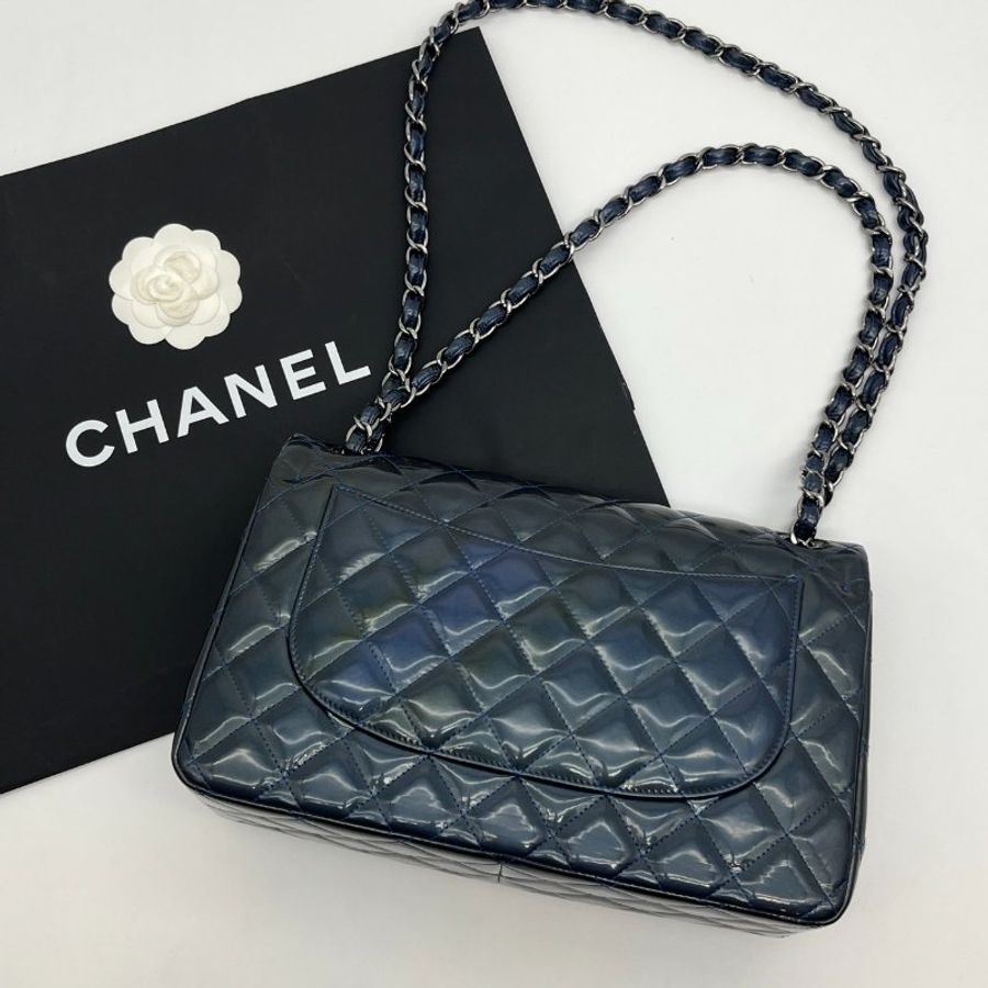 CHANEL 香奈兒 墨綠漆亮皮菱格紋JUMBO30公分鍊包/肩背包/斜背包-1