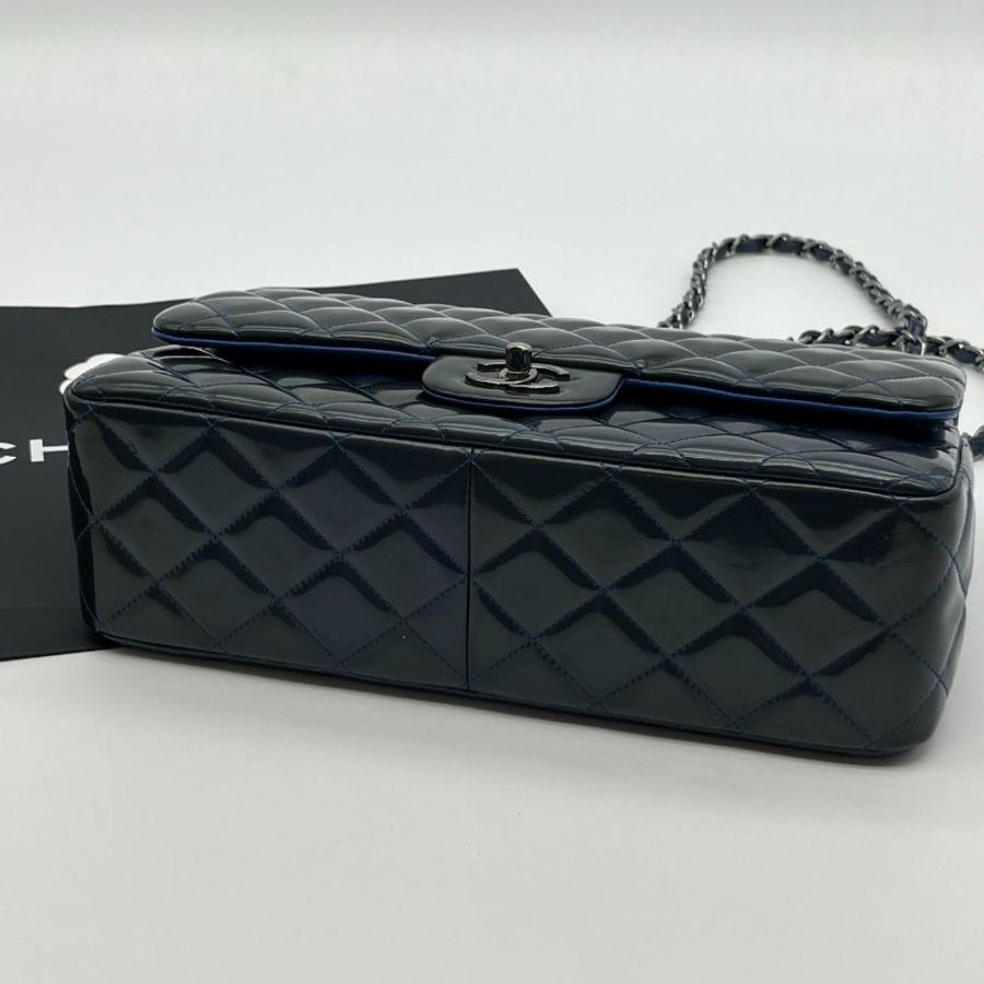 CHANEL 香奈兒 墨綠漆亮皮菱格紋JUMBO30公分鍊包/肩背包/斜背包-6