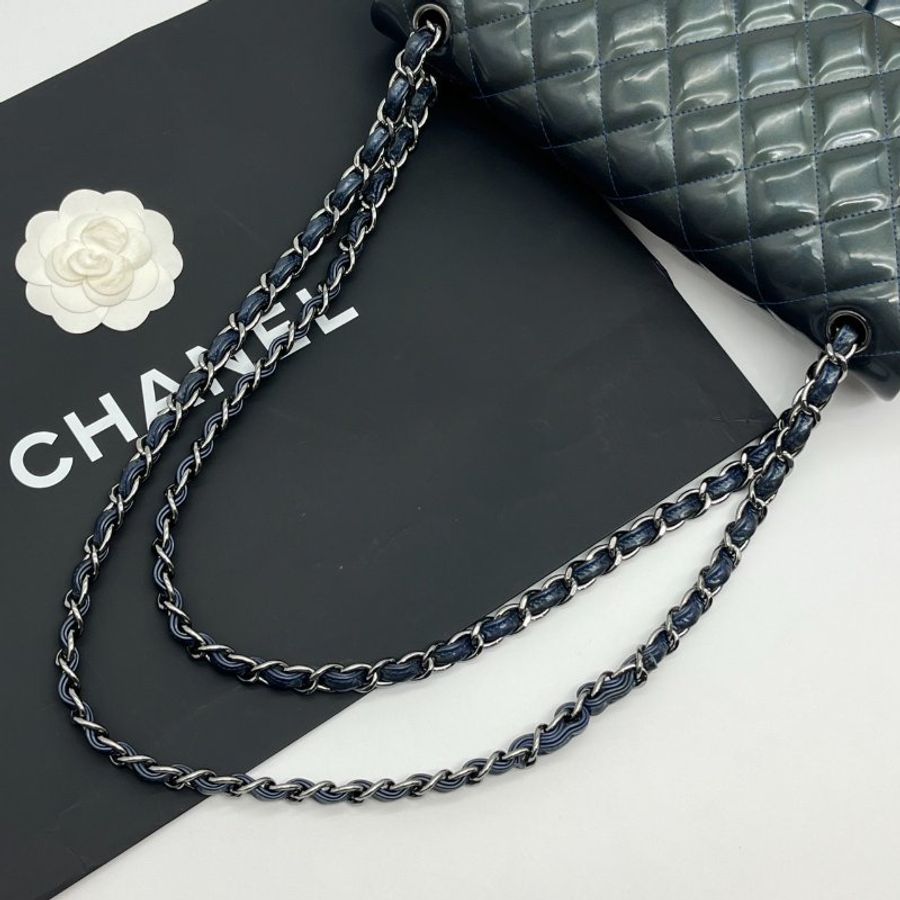 CHANEL 香奈兒 墨綠漆亮皮菱格紋JUMBO30公分鍊包/肩背包/斜背包-7