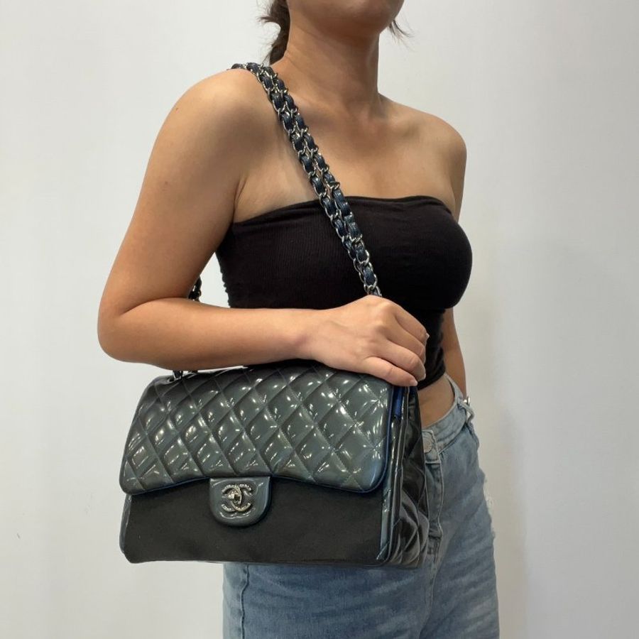 CHANEL 香奈兒 墨綠漆亮皮菱格紋JUMBO30公分鍊包/肩背包/斜背包-10