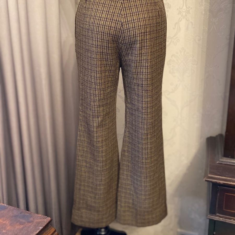 藏私·Collection_棕色格紋古著喇叭褲-3