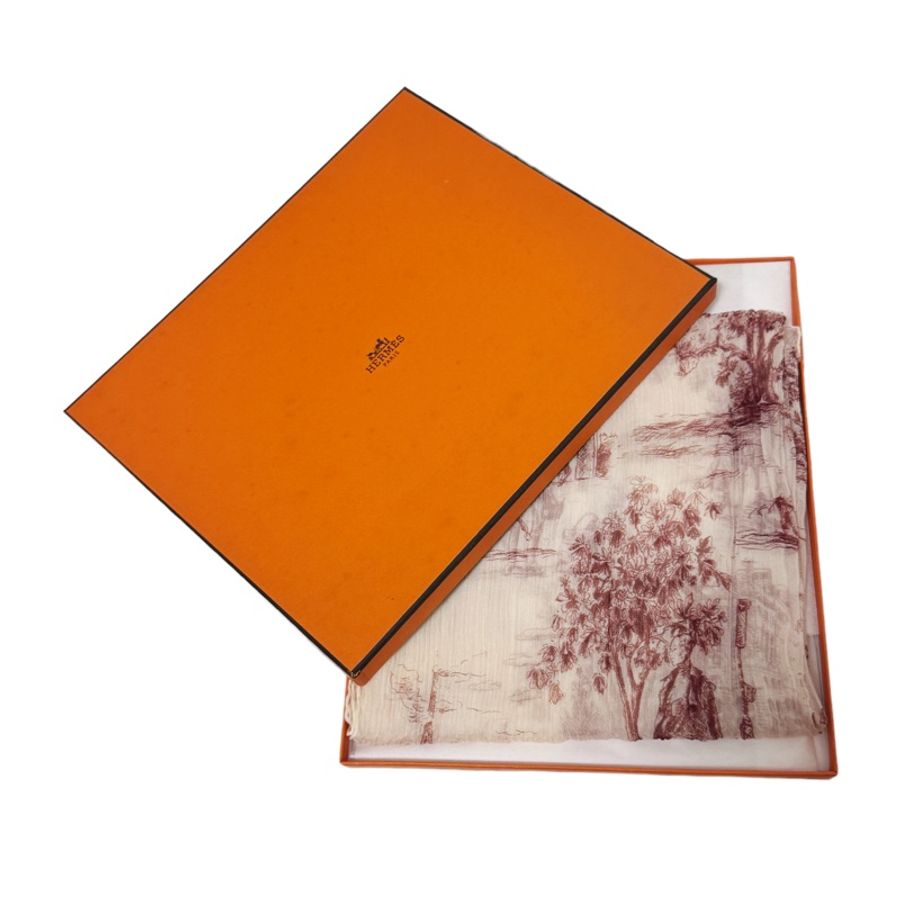 🍒HERMES Toile de jouy真絲皺摺長絲巾 2F231106-2-0