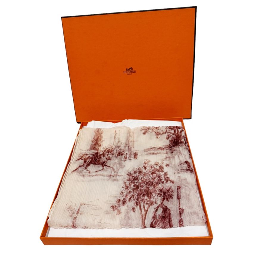 🍒HERMES Toile de jouy真絲皺摺長絲巾 2F231106-2-1