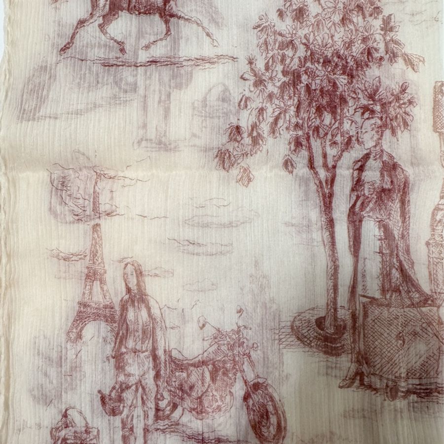 🍒HERMES Toile de jouy真絲皺摺長絲巾 2F231106-2-3