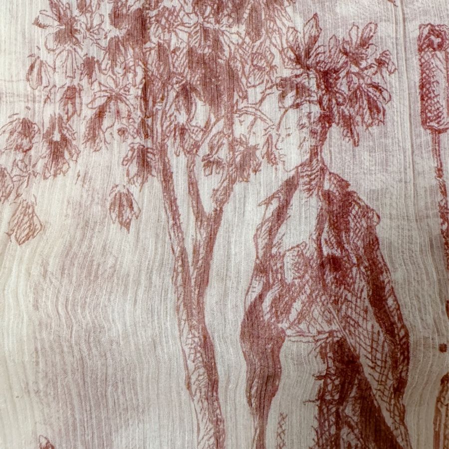 🍒HERMES Toile de jouy真絲皺摺長絲巾 2F231106-2-5