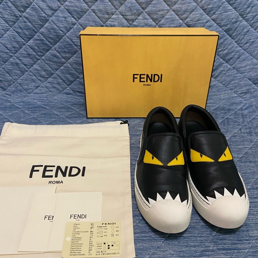 FENDI 黑色 小怪獸 平底鞋 真皮 黃眼 怪獸 休閒 懶人鞋 39號-0
