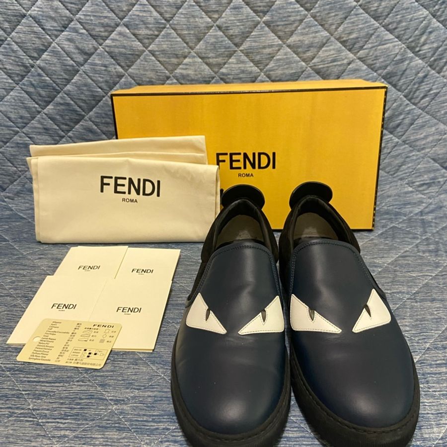FENDI 怪獸 藍黑色拼麂皮休閒鞋 懶人鞋 皮鞋 真皮 平底鞋-0
