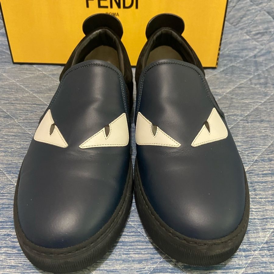 FENDI 怪獸 藍黑色拼麂皮休閒鞋 懶人鞋 皮鞋 真皮 平底鞋-1