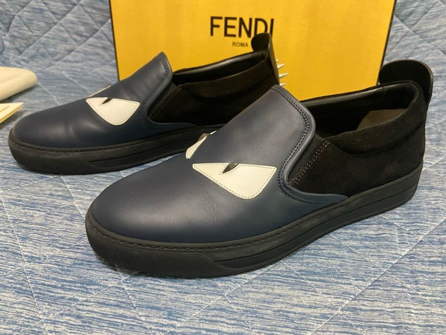FENDI 怪獸 藍黑色拼麂皮休閒鞋 懶人鞋 皮鞋 真皮 平底鞋-2