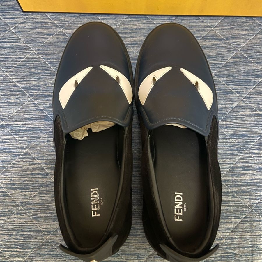 FENDI 怪獸 藍黑色拼麂皮休閒鞋 懶人鞋 皮鞋 真皮 平底鞋-3