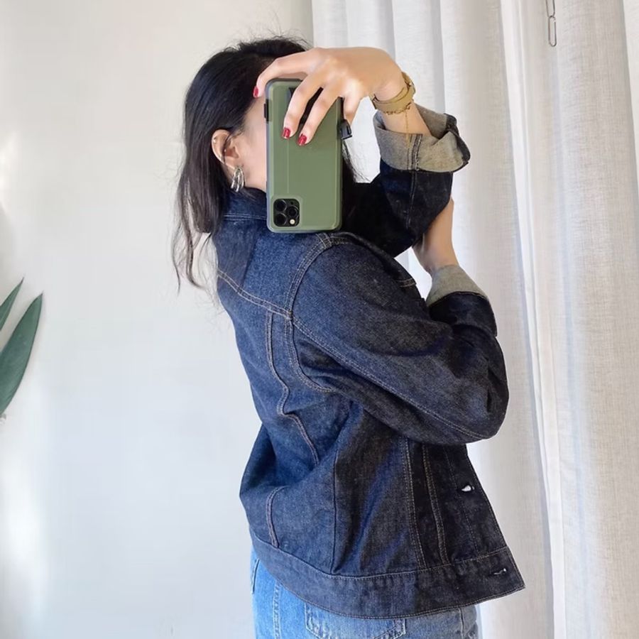 深黑藍經典素面休閒派對 古著翻領棉質牛仔外套 vintage coat-6