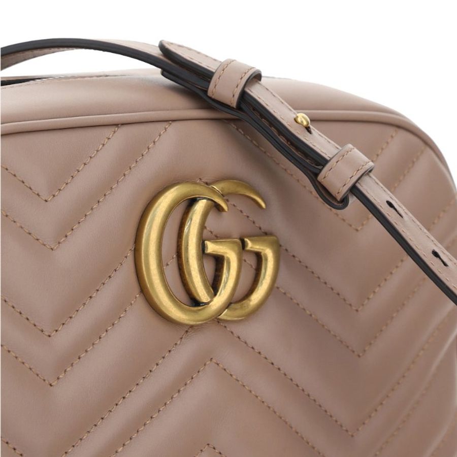 【GUCCI 古馳】GG Marmont Small 小款 皮革 山形紋 肩背 相機包 裸粉色 24公分 447632-2