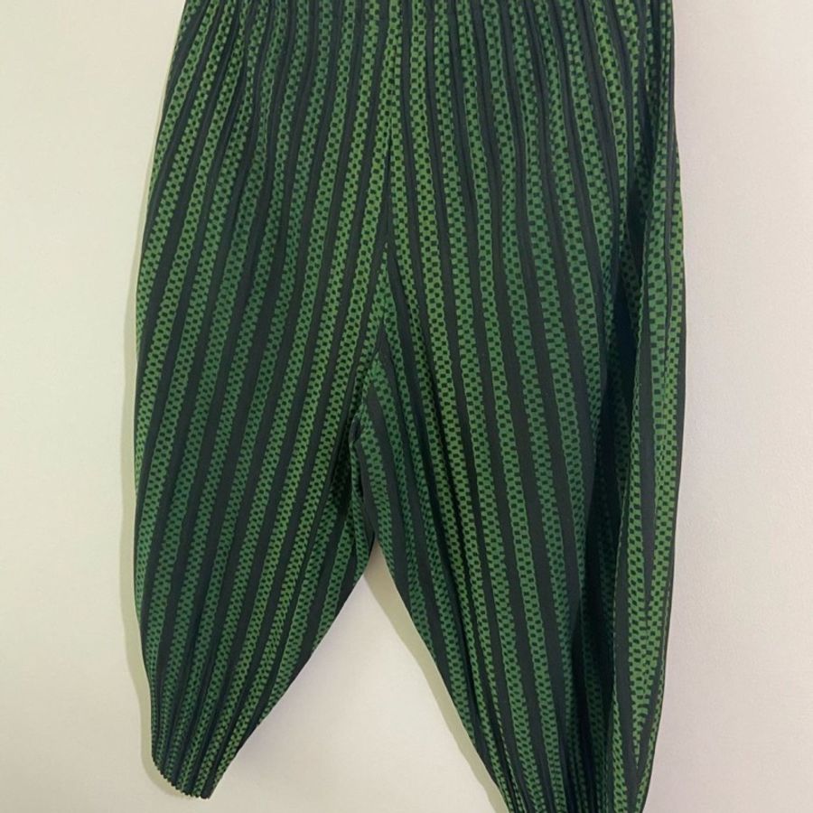 ISSEY MIYAKE HOMME PLISSE MEN綠色手繪線條皺摺縮口褲 三宅一生 HOMME PLISSÉ 尺寸3-3