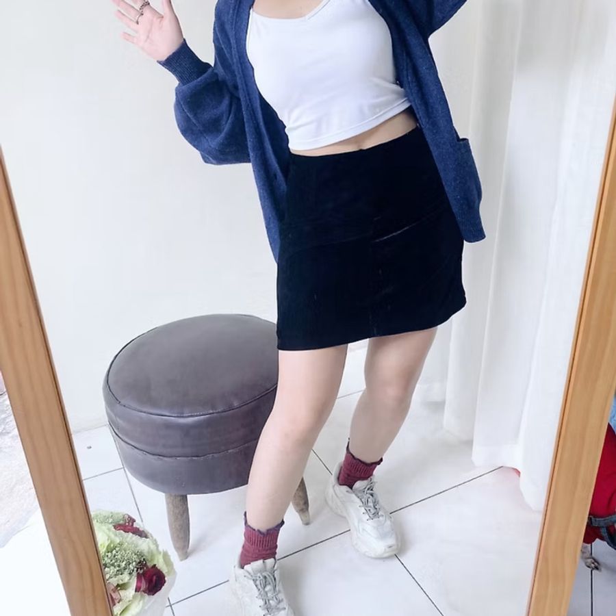 經典純黑素面絲絨青春物語 古董古著金絲絨 A## skirt vintage-4