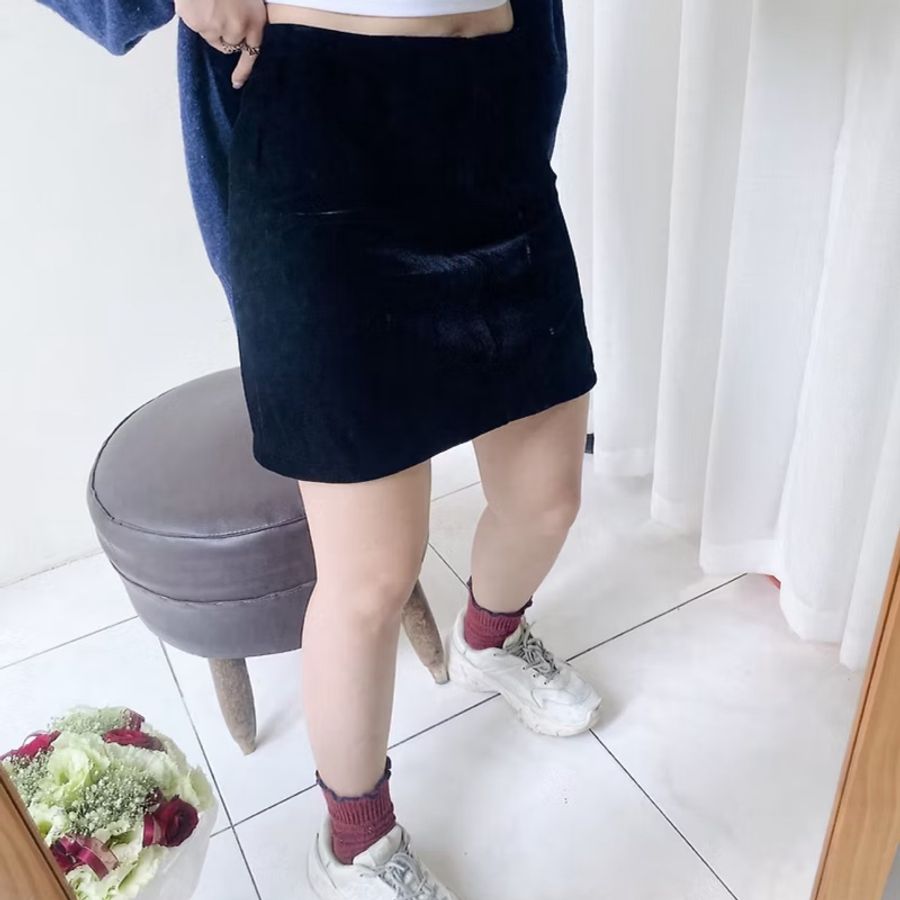 經典純黑素面絲絨青春物語 古董古著金絲絨 A## skirt vintage-5