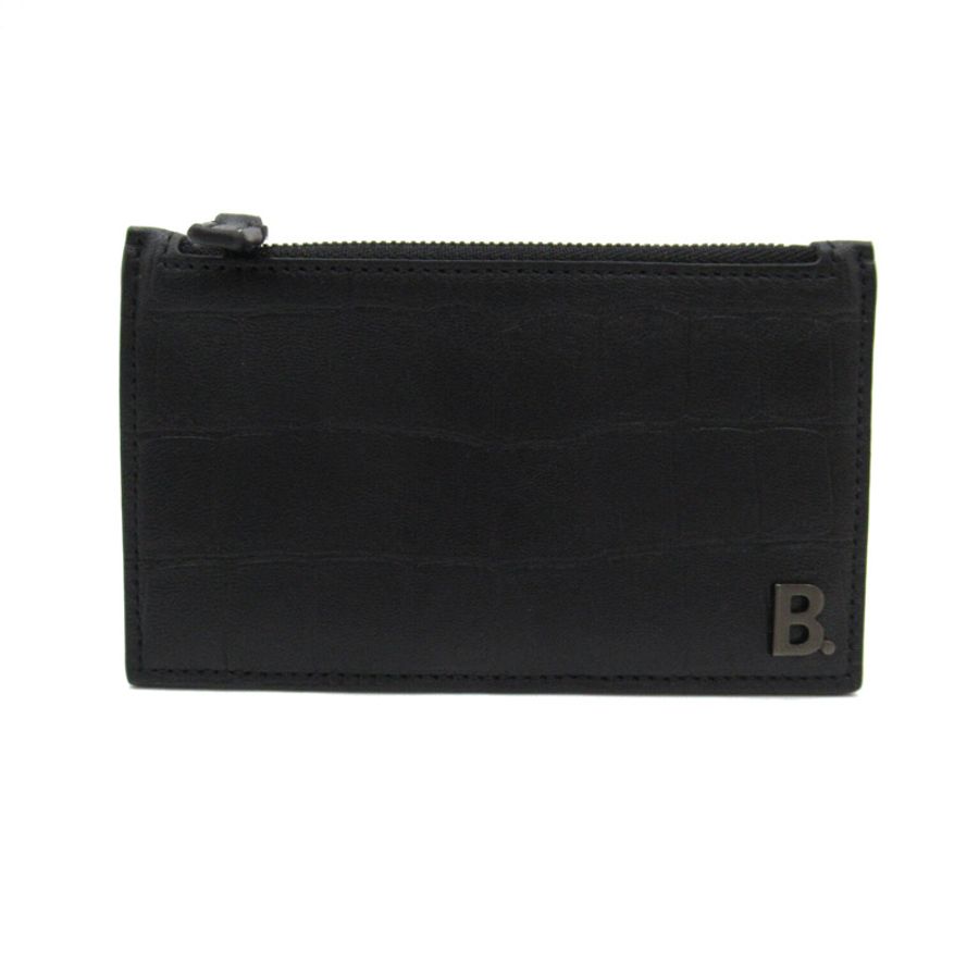 【日本直送】BALENCIAGA B 標誌零錢包 601348 壓花皮革 黑色 二手 男女通用-0