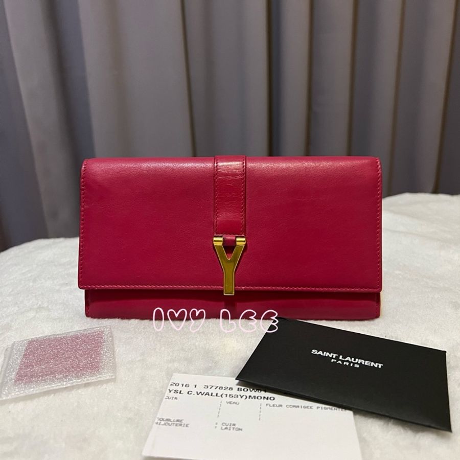 SAINT LAURENT 桃紅色 金字 牛皮長夾 Classic Y Ligne Wallet 513092 二手精品-0