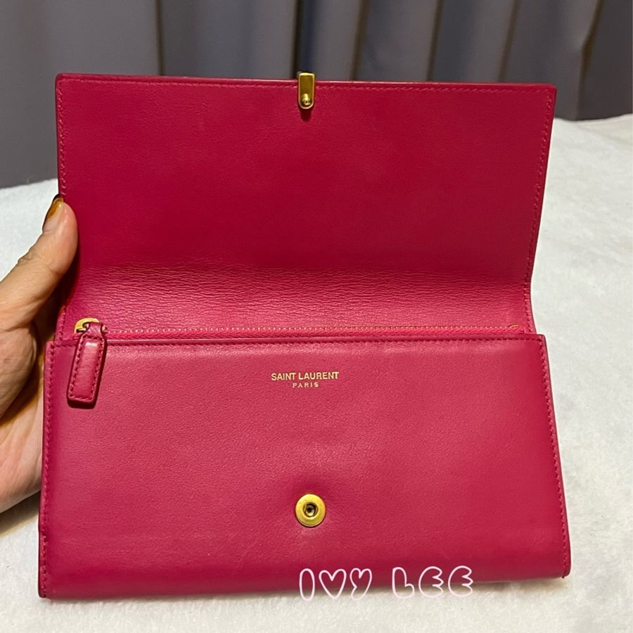 SAINT LAURENT 桃紅色 金字 牛皮長夾 Classic Y Ligne Wallet 513092 二手精品-3