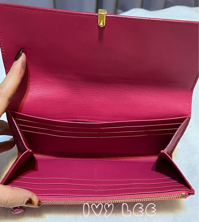 SAINT LAURENT 桃紅色 金字 牛皮長夾 Classic Y Ligne Wallet 513092 二手精品-4