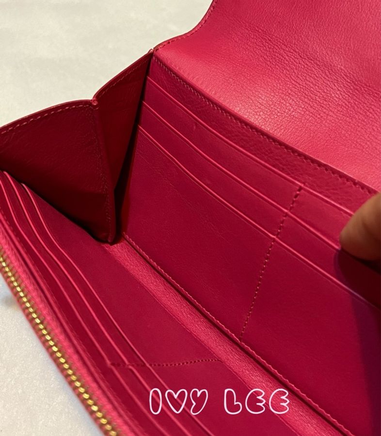 SAINT LAURENT 桃紅色 金字 牛皮長夾 Classic Y Ligne Wallet 513092 二手精品-6