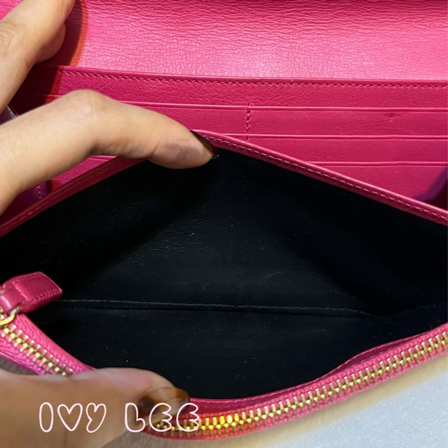 SAINT LAURENT 桃紅色 金字 牛皮長夾 Classic Y Ligne Wallet 513092 二手精品-8