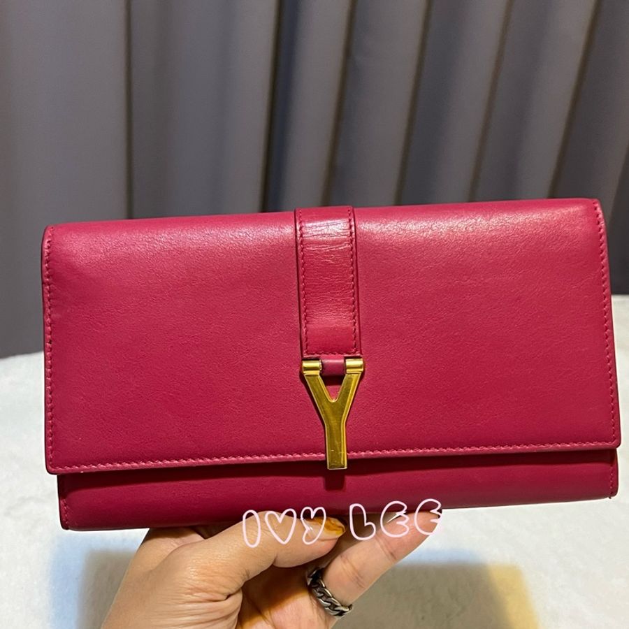SAINT LAURENT 桃紅色 金字 牛皮長夾 Classic Y Ligne Wallet 513092 二手精品-11