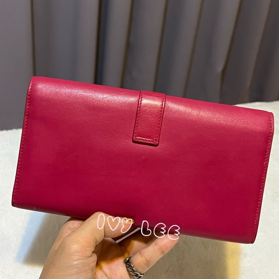SAINT LAURENT 桃紅色 金字 牛皮長夾 Classic Y Ligne Wallet 513092 二手精品-12