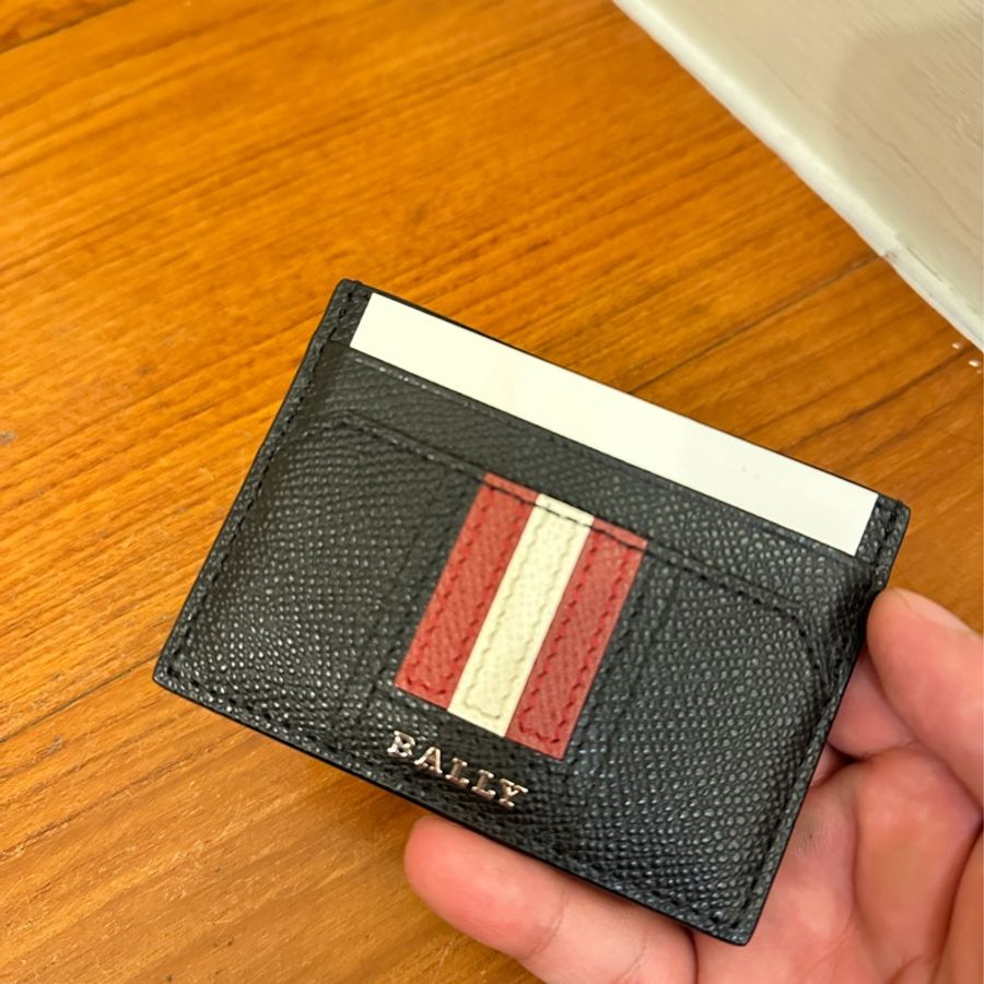 BALLY 黑皮革紅白條紋卡包-0