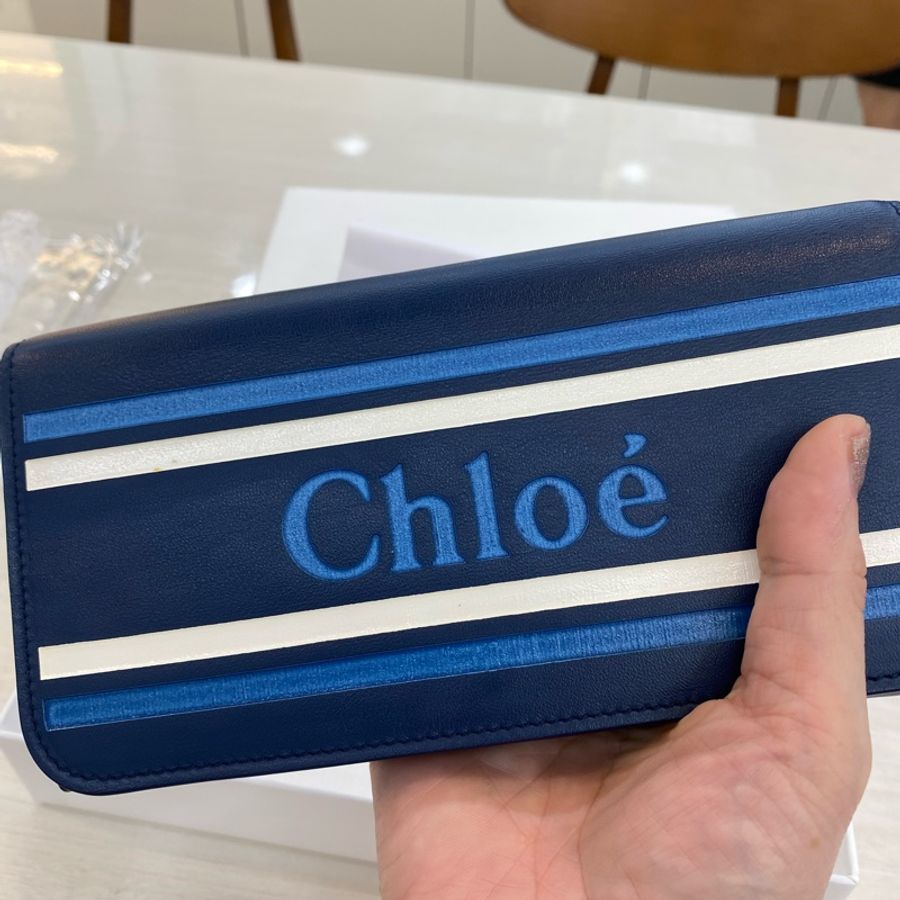 Chloe 全新藍色牛皮品牌logo 條紋質感長夾 全新長夾-0