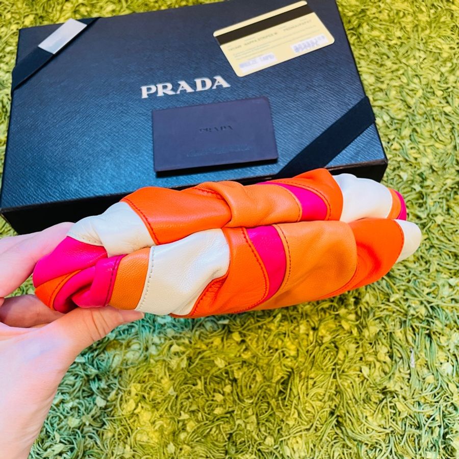 二手正品/Prada 橙色牛皮/條紋手拿包/附盒子/保卡/義大利製/雙邊有孔可自+背帶變斜背包/側背包(看圖看內文)-3