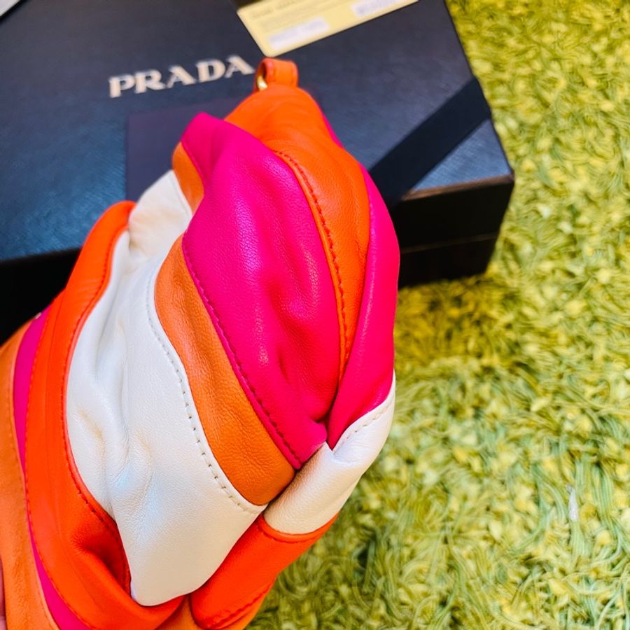 二手正品/Prada 橙色牛皮/條紋手拿包/附盒子/保卡/義大利製/雙邊有孔可自+背帶變斜背包/側背包(看圖看內文)-5