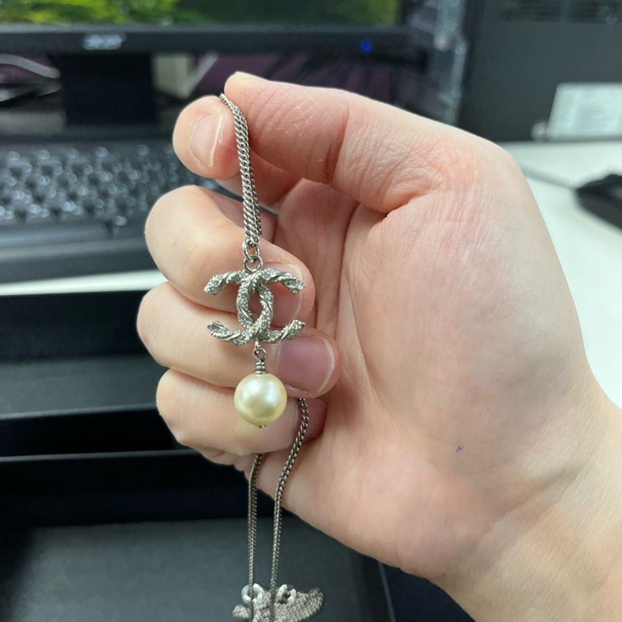 Chanel  麻花造型水鑽珍珠項鍊-4