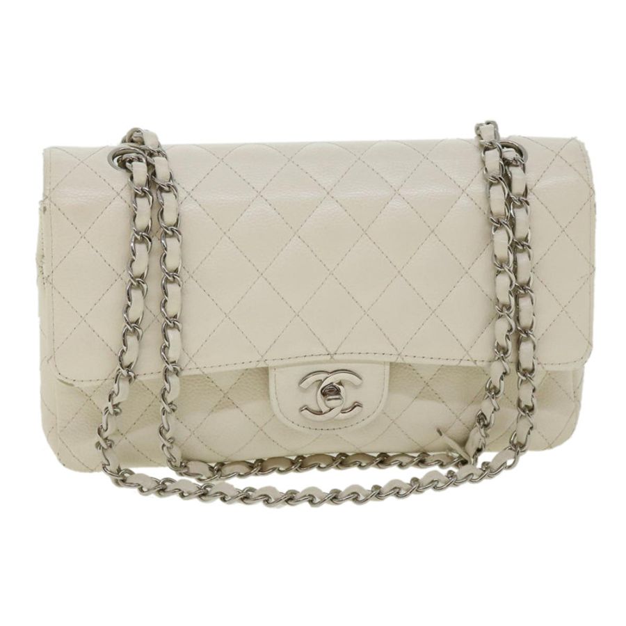 【日本直送】香奈兒 (CHANEL) Matelasse 雙蓋鏈條肩背包 魚子醬紋 白色 CC Auth knn085-0