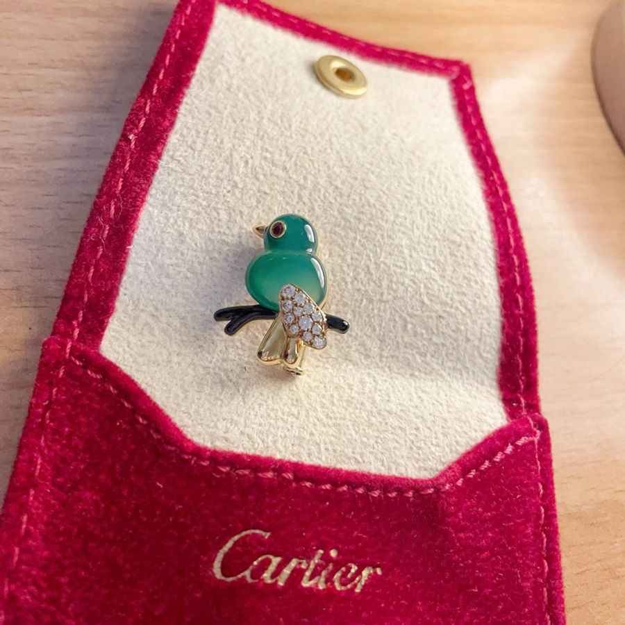 18K Cartier Vintage Bird on a Branch 18K卡地亞古董黃金綠玉髓紅寶石瑪瑙胸針-2