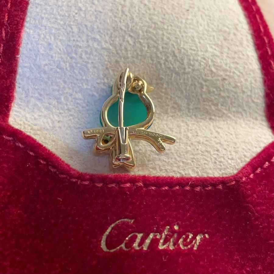 18K Cartier Vintage Bird on a Branch 18K卡地亞古董黃金綠玉髓紅寶石瑪瑙胸針-3