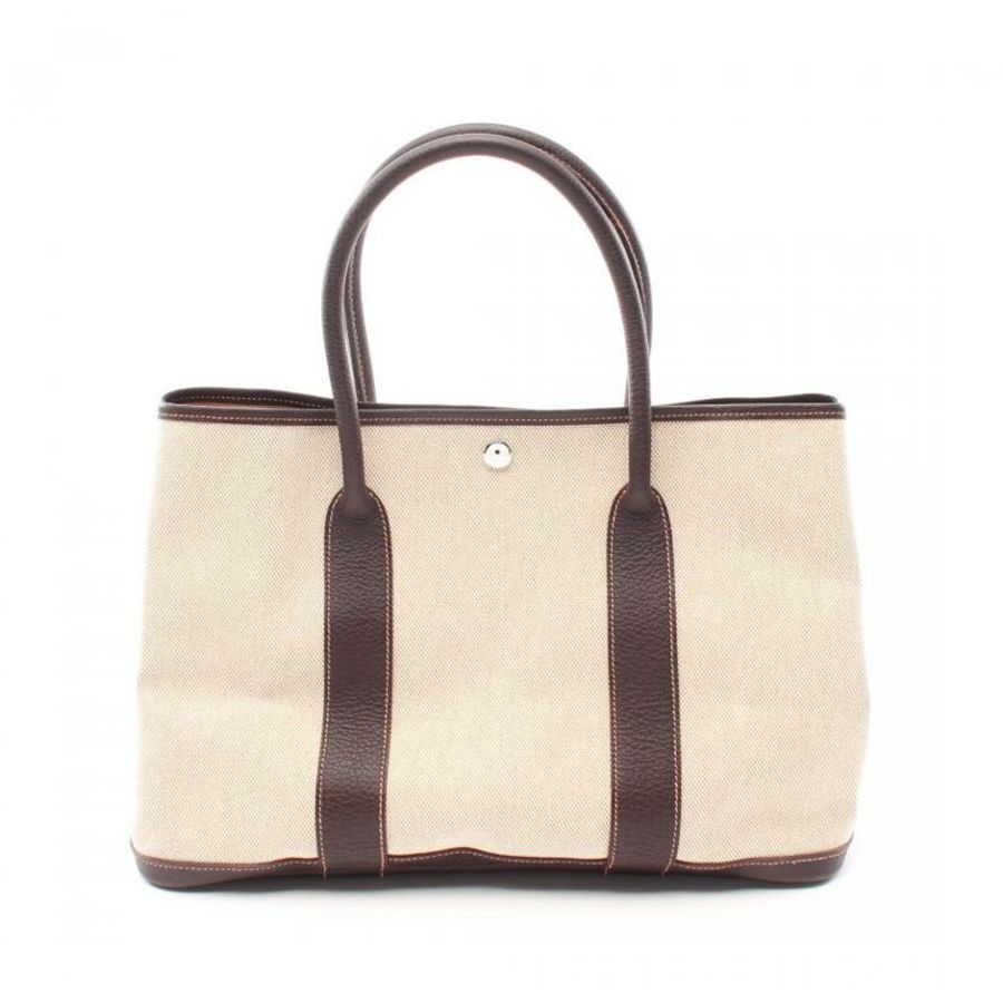 【日本直送】 HERMES HERMES Garden Party PM 手提包 托特包 Toile-H愛馬仕帆布 真皮 米色 深棕色 銀色五金 □J刻印-0