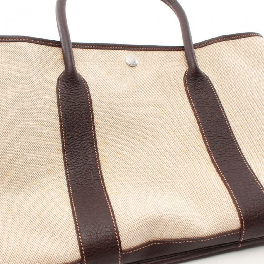 【日本直送】 HERMES HERMES Garden Party PM 手提包 托特包 Toile-H愛馬仕帆布 真皮 米色 深棕色 銀色五金 □J刻印-6