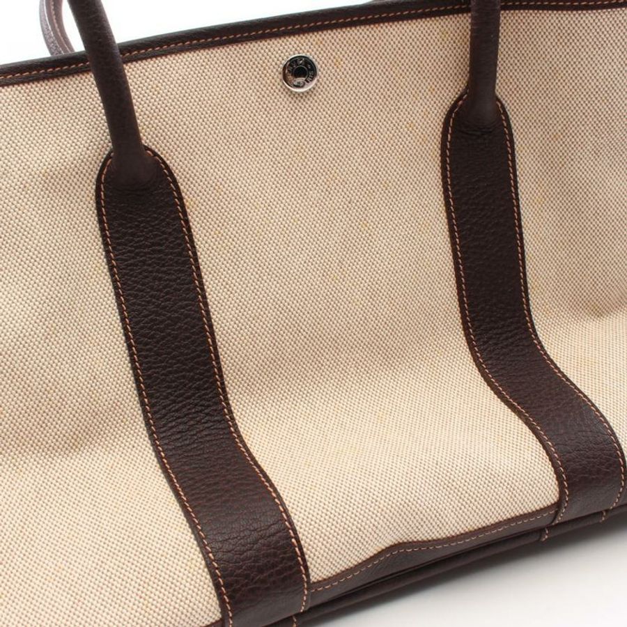 【日本直送】 HERMES HERMES Garden Party PM 手提包 托特包 Toile-H愛馬仕帆布 真皮 米色 深棕色 銀色五金 □J刻印-7