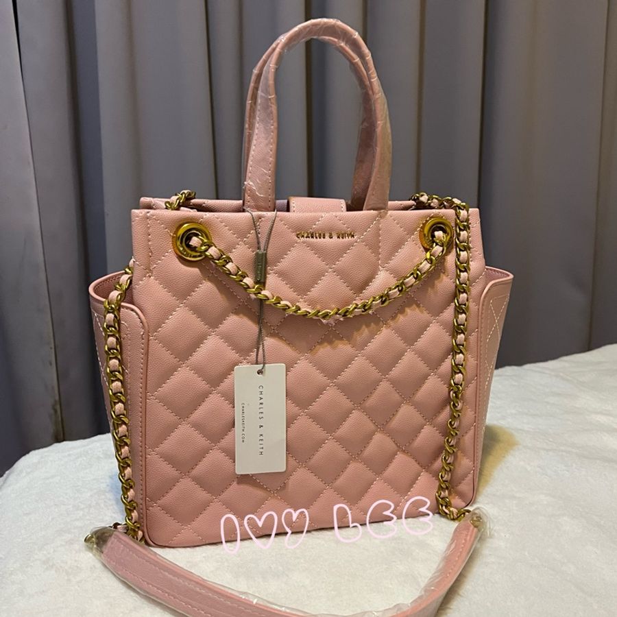 CHARLES&KEITH小香風 少女粉 小CK菱格金鏈條時尚女包手提包 肩背包 近新二手精品-5