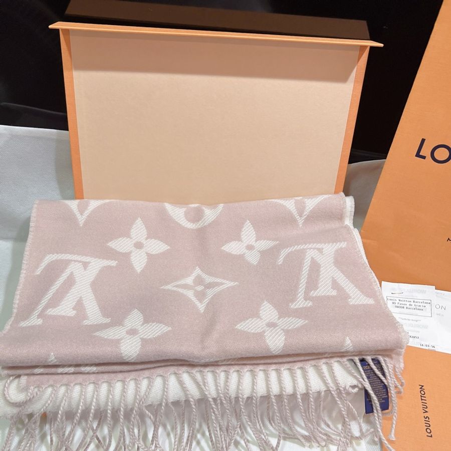 全新全配 LV經典玫瑰粉 羊毛雙面Monogram 圍巾 爆款-0