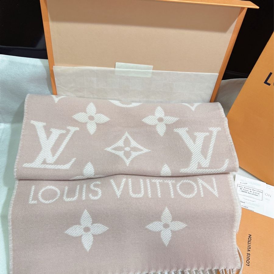全新全配 LV經典玫瑰粉 羊毛雙面Monogram 圍巾 爆款-1