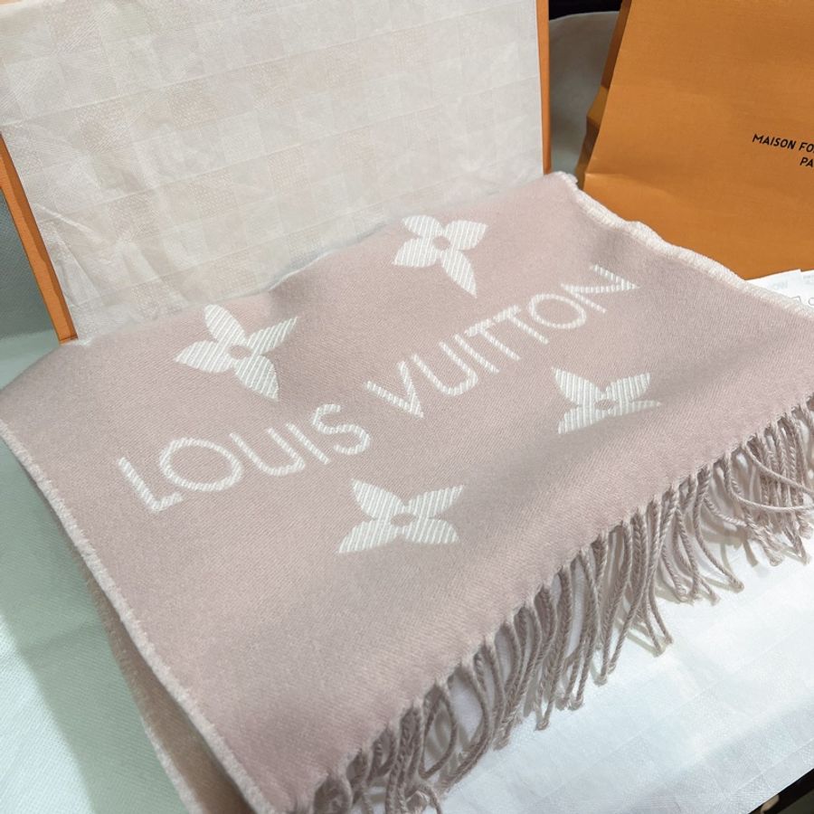 全新全配 LV經典玫瑰粉 羊毛雙面Monogram 圍巾 爆款-6