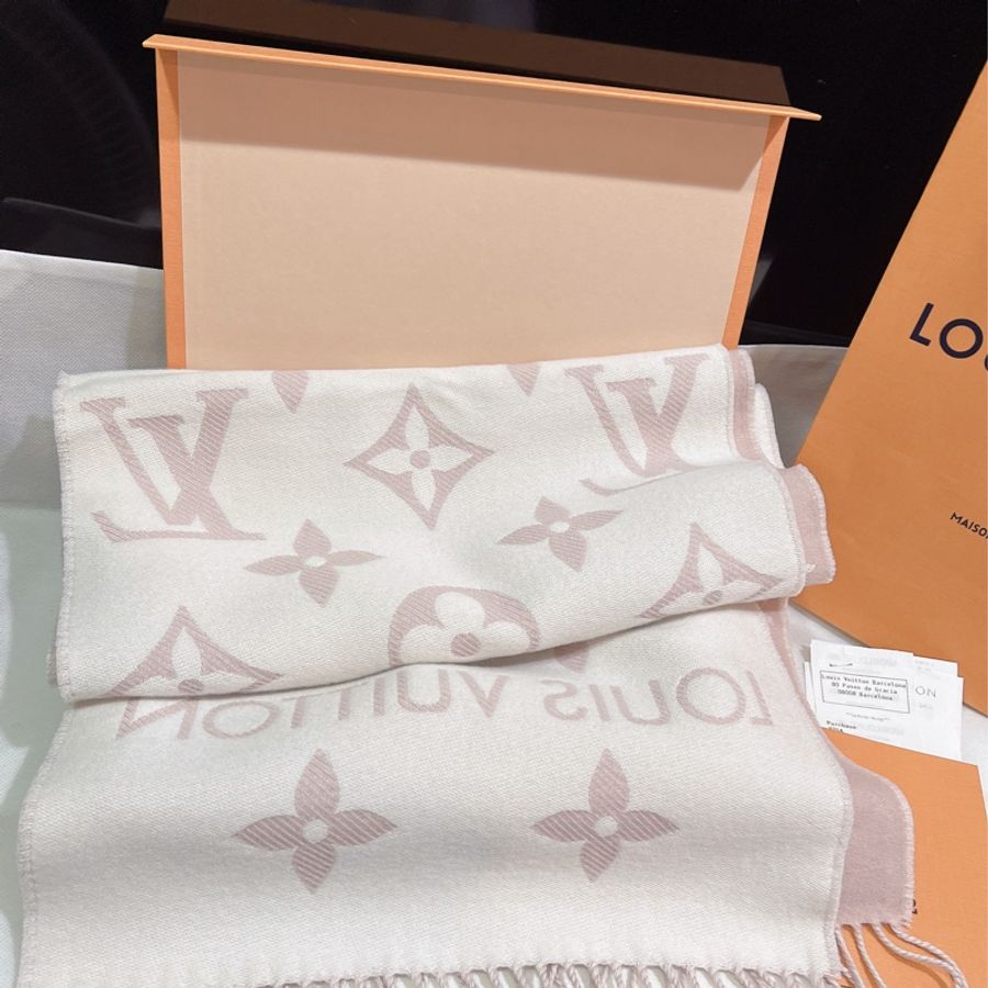 全新全配 LV經典玫瑰粉 羊毛雙面Monogram 圍巾 爆款-10