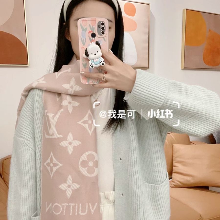 全新全配 LV經典玫瑰粉 羊毛雙面Monogram 圍巾 爆款-13